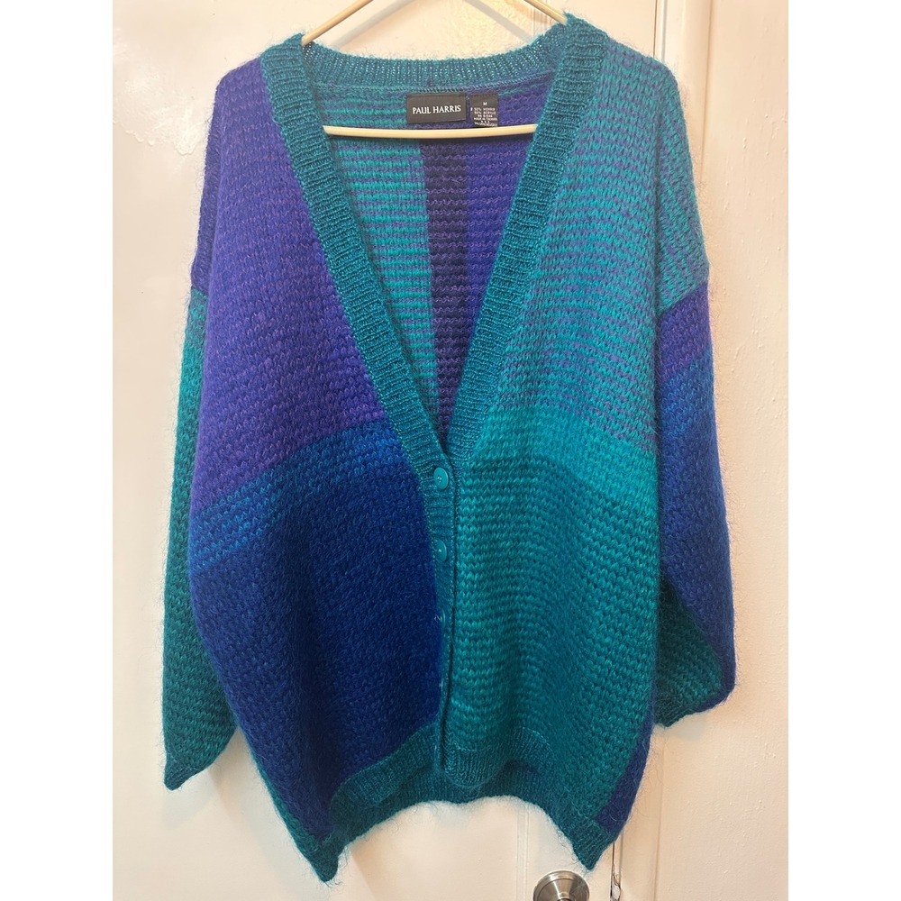 Paul Harris Vintage Mohair Blend Cardigan Sweater Purple Teal Colorblock Medium